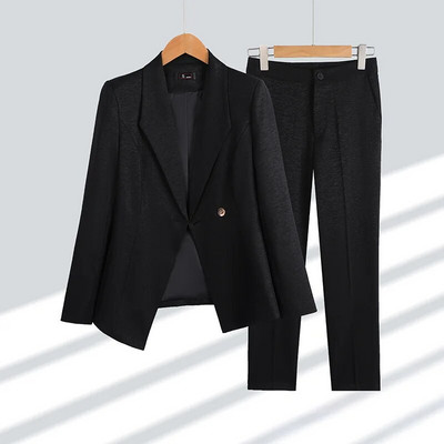 Női öltönyök tavaszi ősz elegáns temperamentum vékony női blézer szettek Bevágott egygombos szabálytalan kabát + ceruza nadrág 2db