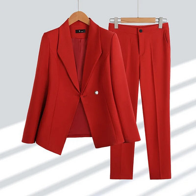 Női öltönyök tavaszi ősz elegáns temperamentum vékony női blézer szettek Bevágott egygombos szabálytalan kabát + ceruza nadrág 2db