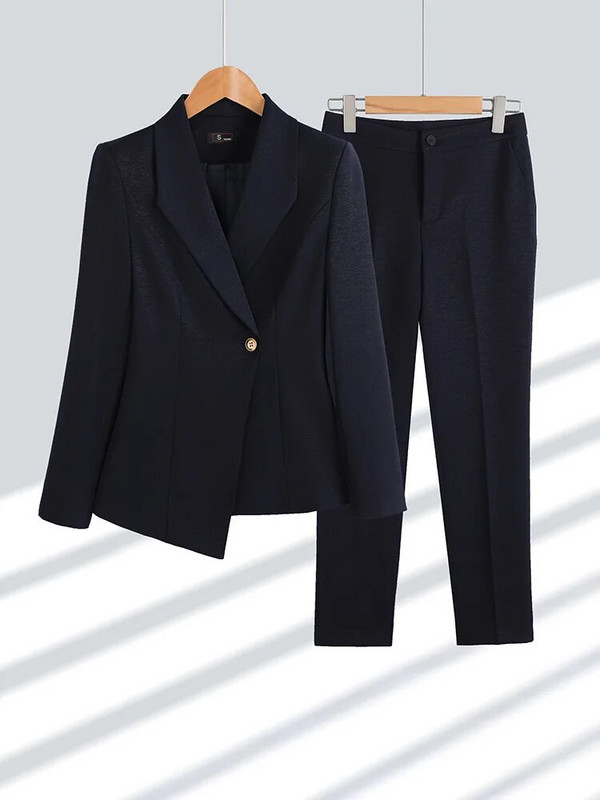 Női öltönyök tavaszi ősz elegáns temperamentum vékony női blézer szettek Bevágott egygombos szabálytalan kabát + ceruza nadrág 2db