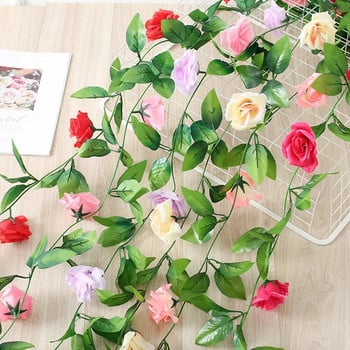 2.4M изкуствени копринени розови цветя Ратанова връв за сватбен дом Хотел Фестивал Градина Декорация на стая Направи си сам гирлянда Фалшива лоза