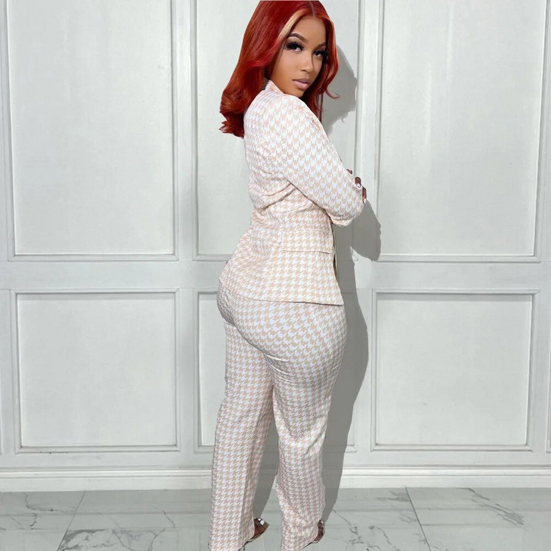 LKF Houndstooth Blazer Sieviešu 2 daļīgs uzvalks Eleganta Bikses Biroja Sieviešu Rudens Ziemas Eleganta ikdienišķa poga Sexy Slim Fit