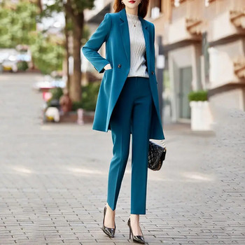 Γυναικεία μόδα Νέα Slim Fit Μασίφ Γραφείο Long Blazer Trench Profession Leisure Γυναικείο κομψό σακάκι + μολύβι παντελόνι κοστούμι 2 τεμαχίων