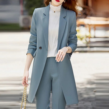 Γυναικεία μόδα Νέα Slim Fit Μασίφ Γραφείο Long Blazer Trench Profession Leisure Γυναικείο κομψό σακάκι + μολύβι παντελόνι κοστούμι 2 τεμαχίων