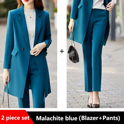Női divat új karcsú, tömör irodai hosszú blézer Trench Profession szabadidő, női elegáns dzseki + ceruzanadrág öltöny 2 részes készletek