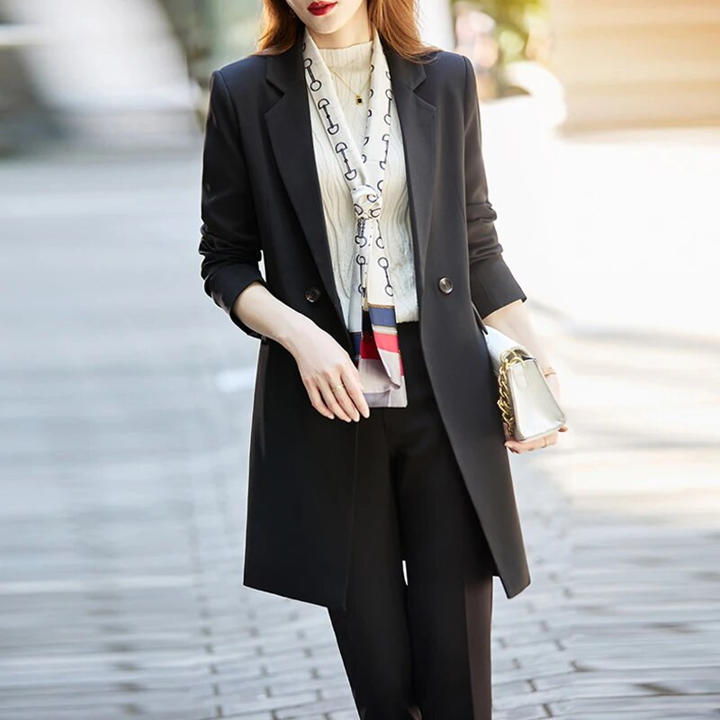 Női divat új karcsú, tömör irodai hosszú blézer Trench Profession szabadidő, női elegáns dzseki + ceruzanadrág öltöny 2 részes készletek