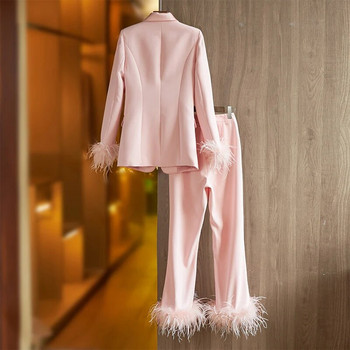 Κομψές Αμερικάνικες Γυναικείες Street Pink Feather Σετ παντελονιών 2 τεμαχίων Πολυτελές σχέδιο Γυναικείο ποιοτικό σακάκι