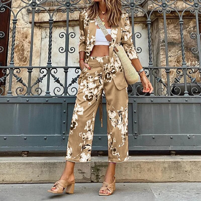 Ženski uredski komplet jesenskih dvodijelnih ženskih svečanih odijela za zabavu Modni sako sa rukavima na 7 točaka Široki odijelo s hlačama na 9 točaka