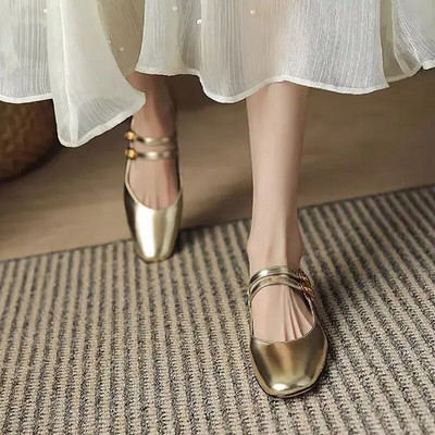 Ženske ravne cipele s dvostrukom kopčom Mary Janes Cipele s niskom potpeticom Vjenčane cipele za mladenke Srebrno zlatne kožne cipele za žene Retro 1371N