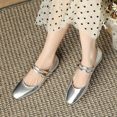 Ženske ravne cipele s dvostrukom kopčom Mary Janes Cipele s niskom potpeticom Vjenčane cipele za mladenke Srebrno zlatne kožne cipele za žene Retro 1371N