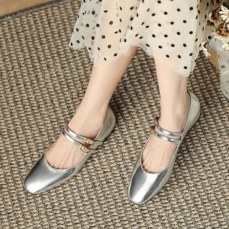 Ženske ravne cipele s dvostrukom kopčom Mary Janes Cipele s niskom potpeticom Vjenčane cipele za mladenke Srebrno zlatne kožne cipele za žene Retro 1371N