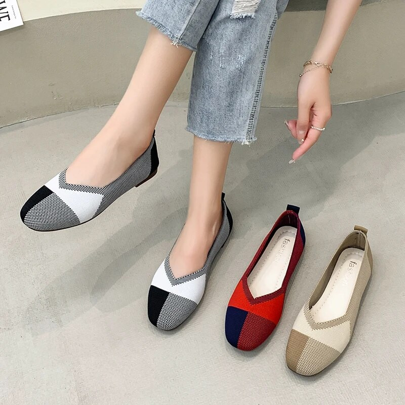 Sarkans, melns, režģis, sieviete, 2022. gada jauni trikotāžas balets, sieviešu zīmola dizaina rūtaini, uzvelkami mokasīna apavi