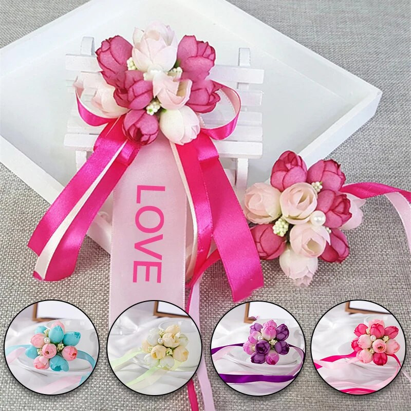 1PC Сватбени цветя за китки Розови корсажи за китки Парти танцови ръчни цветя Шаферка Гривна за копринени цветя за сватбени аксесоари