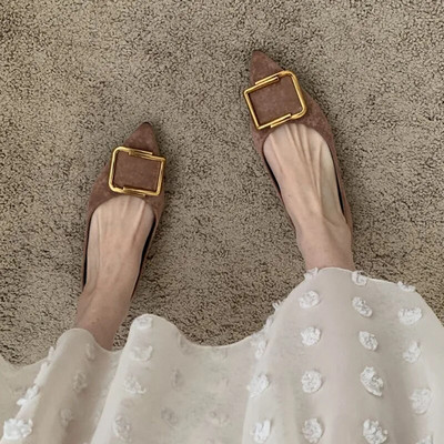 Sieviešu plakanie smailie purngalu laivu apavi Mākslīgās zamšādas apavi Sieviešu apavi Kvadrātveida metāla baleta plakanie, mīksta, sekla Zapatos Mujer 1229N