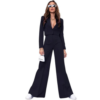Tesco Solid γυναικείο κοστούμι 2 τεμαχίων κοντό σακάκι με ψηλόμεσο φαρδύ μακρύ παντελόνι με μονά κουμπιά Σακάκι ζωντανό κοστούμι σε συνδυασμό με θηλυκό