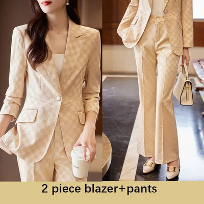 Tesco Elegantni dvodijelni set za žene Karirano odijelo Blazer dugih rukava Šifra hlače za uredsku odjeću Ženski conjunto feminino