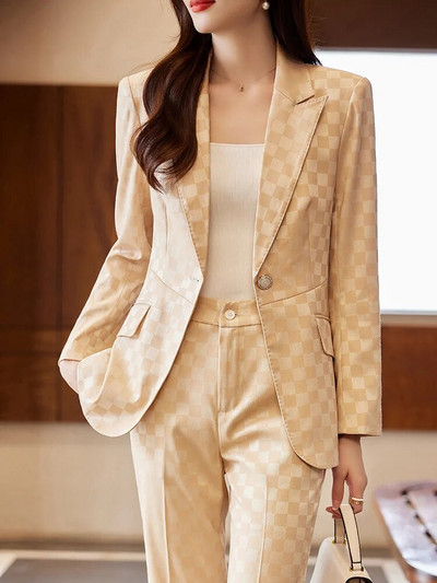 Tesco Elegantni dvodijelni set za žene Karirano odijelo Blazer dugih rukava Šifra hlače za uredsku odjeću Ženski conjunto feminino