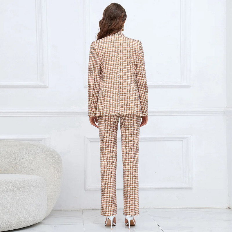 Tesco New Style sieviešu rudens uzvalks ar divrindu rūtainu žakešu komplekti ballītēm Sieviešu bikses ar taisnām kājām Valkājiet bleizeru mujer