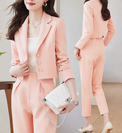 Tesco bleiser naiste ülikond lühike jope pükste ülikond kontoris daamile Moodne kõrge vöökohaga pükste komplekt magusaks tutvumiseks conjunto feminino