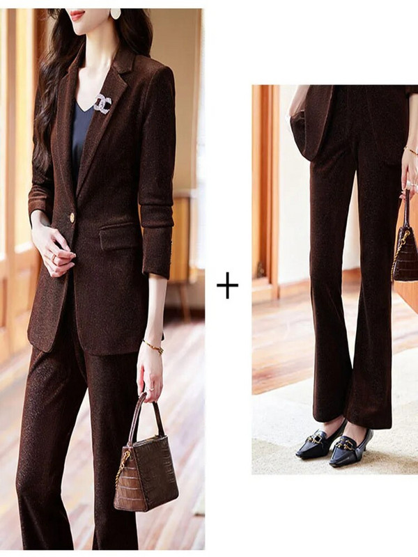 Tesco Baršunasto žensko odijelo s hlačama od 2 komada, jednoredno kopčanje sakoa s širokim hlačama, komplet za formalne ženske šik poslovne ropa de mujer