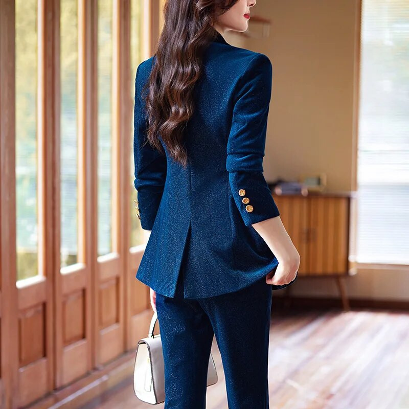 Tesco Baršunasto žensko odijelo s hlačama od 2 komada, jednoredno kopčanje sakoa s širokim hlačama, komplet za formalne ženske šik poslovne ropa de mujer
