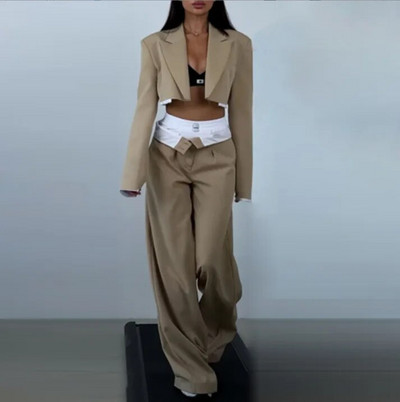 Tesco francia stílusú női többszintes öltöny rövid blézer szettek Egyenes szárú nadrágok élénk öltöny Alkalmi ruhák ünnepi blézer mujer