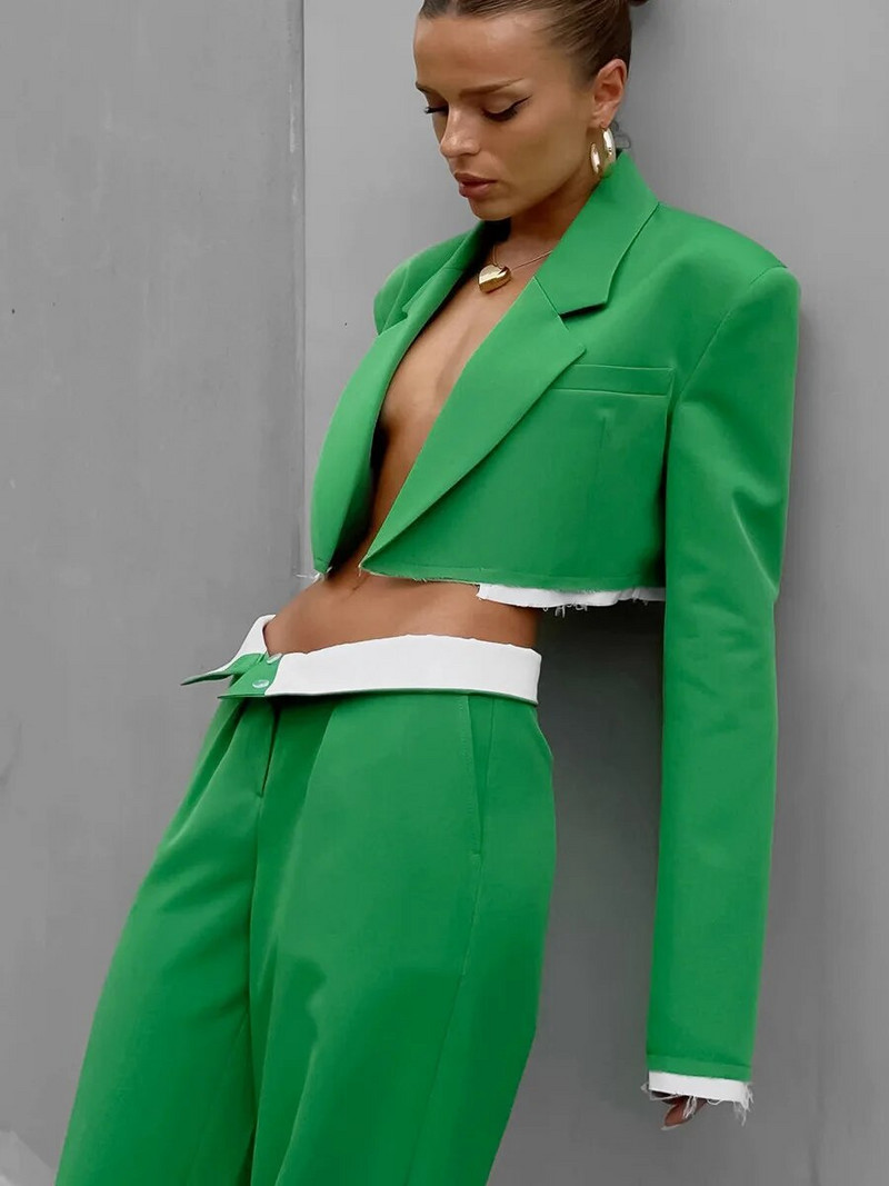 Tesco francia stílusú női többszintes öltöny rövid blézer szettek Egyenes szárú nadrágok élénk öltöny Alkalmi ruhák ünnepi blézer mujer