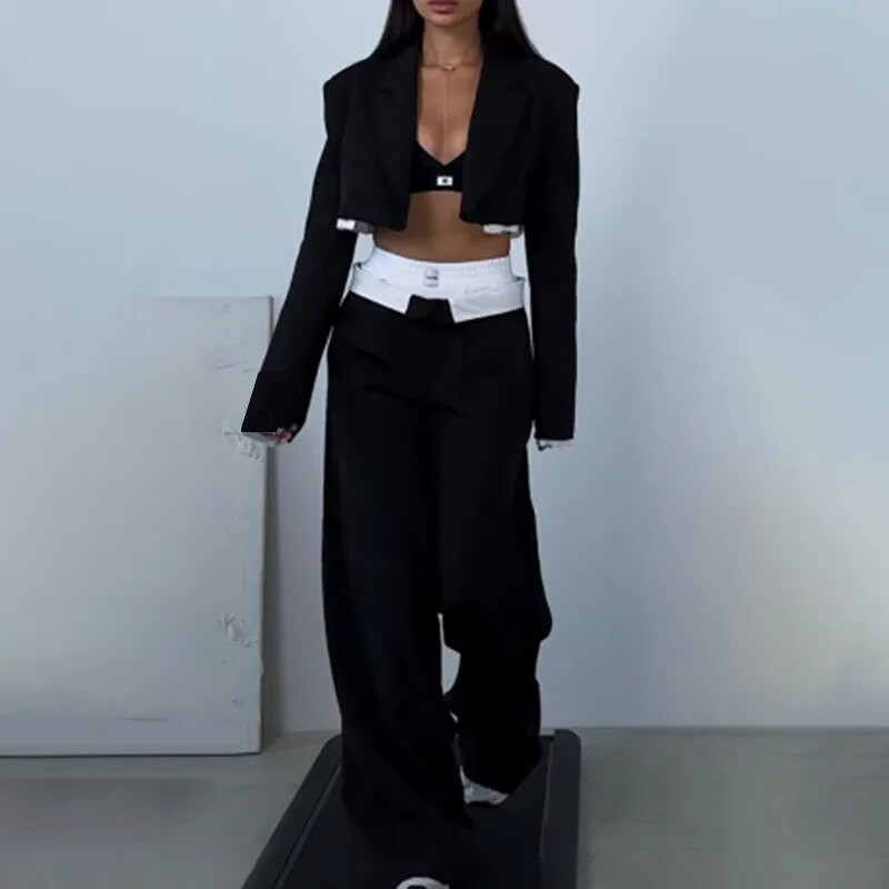 Tesco francia stílusú női többszintes öltöny rövid blézer szettek Egyenes szárú nadrágok élénk öltöny Alkalmi ruhák ünnepi blézer mujer