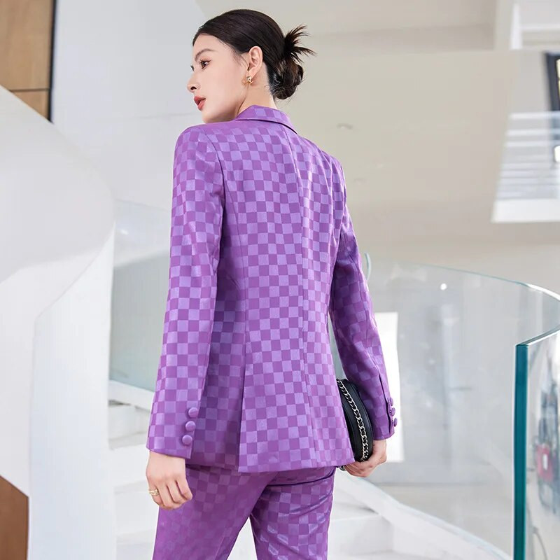 Tesco alkalmi női nadrágkosztüm 2 DB duplasoros blézer, lobogó nadrág kockás öltöny szett formális irodai női elegáns üzleti ropa de mujer