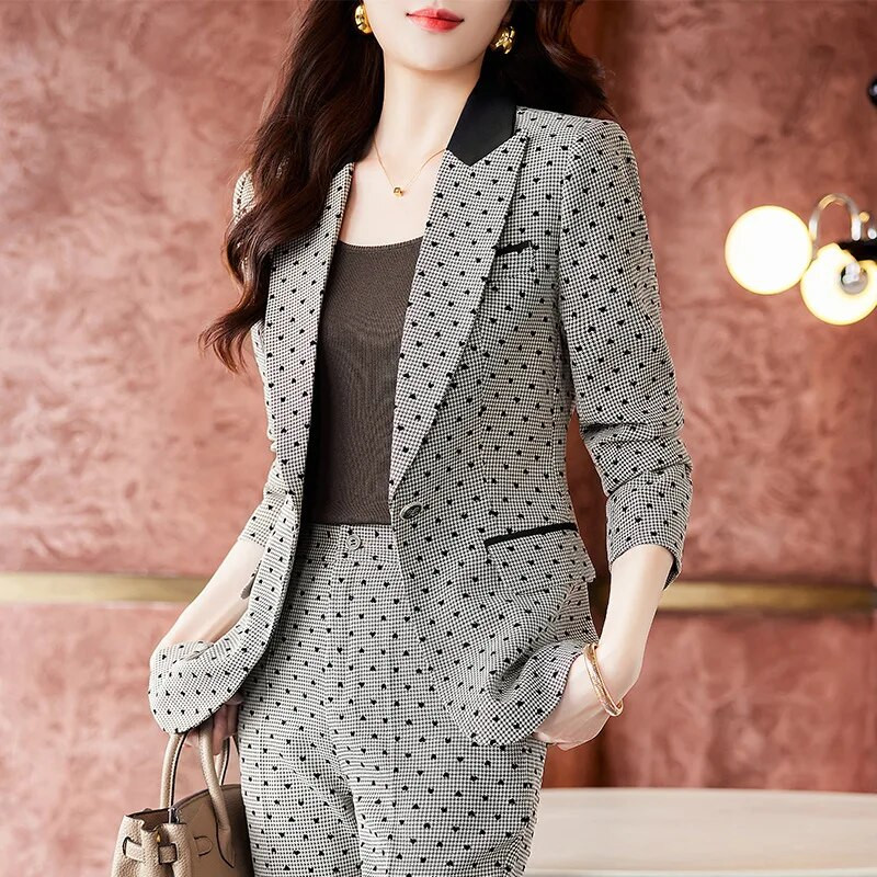 Tesco žensko modno odijelo 2-dijelni blejzer odijelo s širokim hlačama Karirano odijelo Jakna za uredske dame Poslovno odijelo za žene blejzer mujer