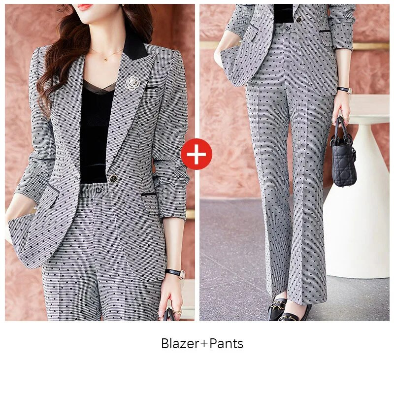 Tesco žensko modno odijelo 2-dijelni blejzer odijelo s širokim hlačama Karirano odijelo Jakna za uredske dame Poslovno odijelo za žene blejzer mujer