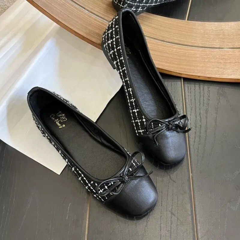 Ženske balerinke velikih veličina s četvrtastim prstima, kostim Cipele od tvida za žene Balerinke od karirane žakard tkanine 1575N