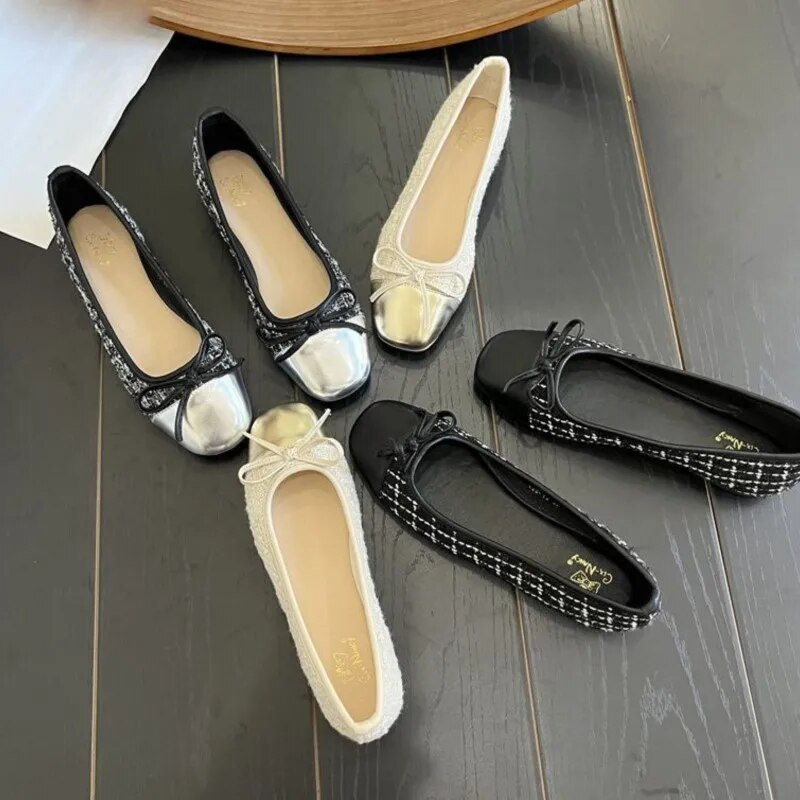 Ženske balerinke velikih veličina s četvrtastim prstima, kostim Cipele od tvida za žene Balerinke od karirane žakard tkanine 1575N