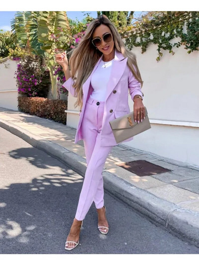 Tesco ženski set od 2 komada sako s dvorednim kopčanjem Poslovni odijelo s hlačama Sako s velikim reverom Formalni setovi za uredske dame Veliki rever