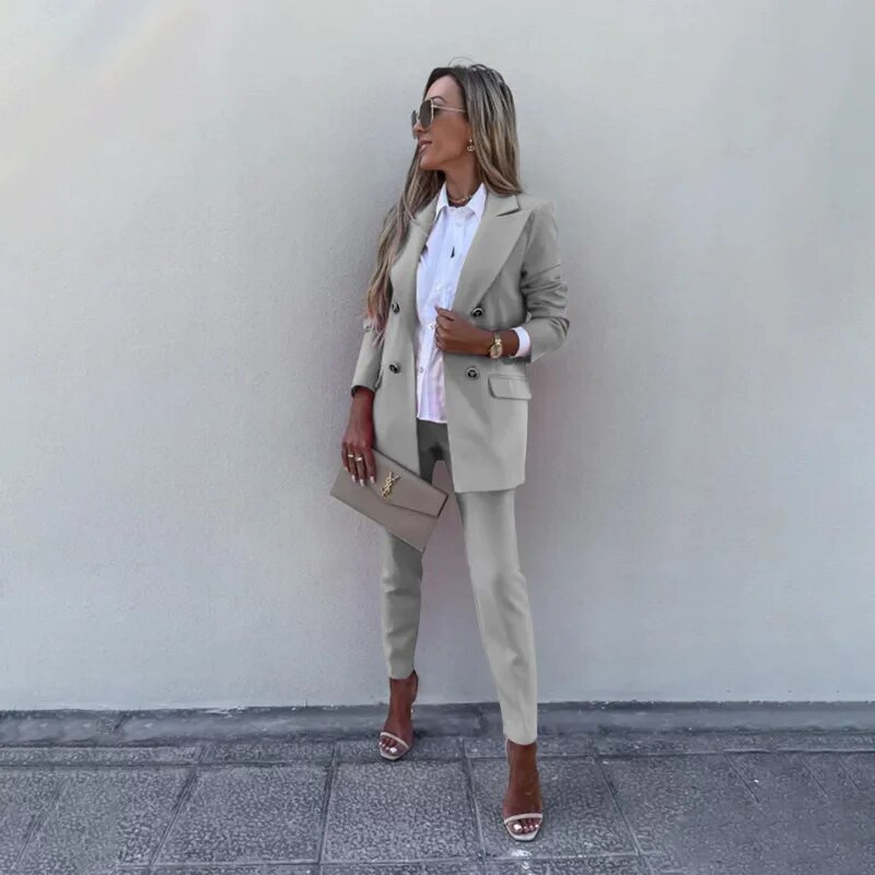 Tesco ženski set od 2 komada sako s dvorednim kopčanjem Poslovni odijelo s hlačama Sako s velikim reverom Formalni setovi za uredske dame Veliki rever
