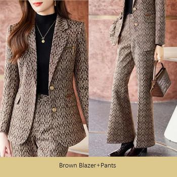 Tesco γυναικείο κοστούμι 2 τεμαχίων με στάμπα blazer κοστούμι παντελόνι Επίσημο σακάκι για γραφείο Lady Slim Flare Pants Κοστούμι για γυναικείο blazer mujer