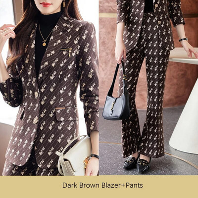 Tesco γυναικείο κοστούμι 2 τεμαχίων με στάμπα blazer κοστούμι παντελόνι Επίσημο σακάκι για γραφείο Lady Slim Flare Pants Κοστούμι για γυναικείο blazer mujer