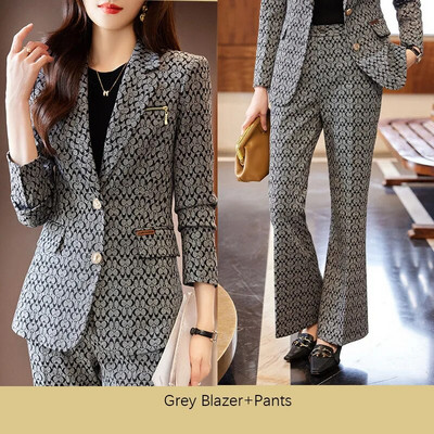 Tesco γυναικείο κοστούμι 2 τεμαχίων με στάμπα blazer κοστούμι παντελόνι Επίσημο σακάκι για γραφείο Lady Slim Flare Pants Κοστούμι για γυναικείο blazer mujer