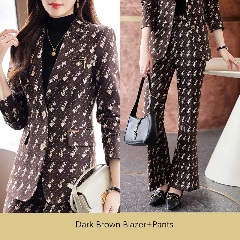 Tesco γυναικείο κοστούμι 2 τεμαχίων με στάμπα blazer κοστούμι παντελόνι Επίσημο σακάκι για γραφείο Lady Slim Flare Pants Κοστούμι για γυναικείο blazer mujer