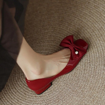 Пролет Есен Дамски обувки с равни обувки с перлен лък, лачени обувки с ниски токчета Сладки дамски офис обувки 9793N