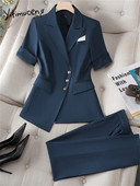 Yitimuceng Plava ženska odijela Uredski komplet 2023. Novi modni elegantni sakoi s jednim kopčanjem kratkih rukava Chic odijela s hlačama visokog struka
