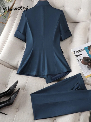 Yitimuceng μπλε γυναικεία κοστούμια σετ γραφείου 2023 Νέα μόδα, κομψά κοντομάνικα μονόστηθο σακάκια κομψά κοστούμια παντελόνι