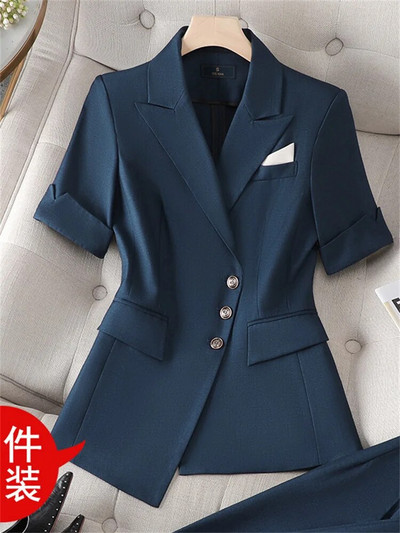 Yitimuceng Plava ženska odijela Uredski komplet 2023. Novi modni elegantni sakoi s jednim kopčanjem kratkih rukava Chic odijela s hlačama visokog struka