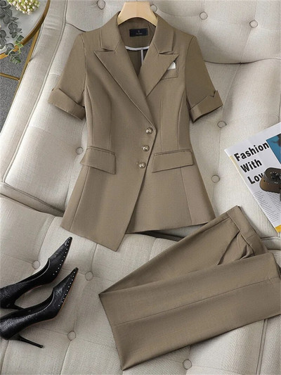 Yitimuceng Plava ženska odijela Uredski komplet 2023. Novi modni elegantni sakoi s jednim kopčanjem kratkih rukava Chic odijela s hlačama visokog struka