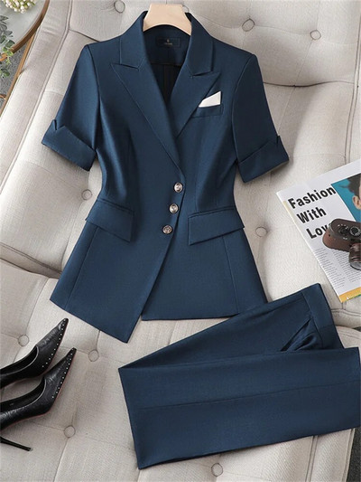 Yitimuceng Plava ženska odijela Uredski komplet 2023. Novi modni elegantni sakoi s jednim kopčanjem kratkih rukava Chic odijela s hlačama visokog struka