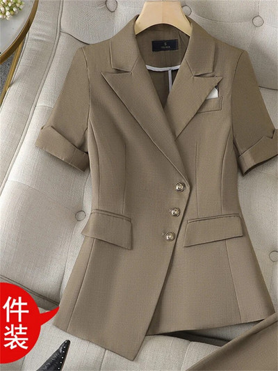 Yitimuceng Plava ženska odijela Uredski komplet 2023. Novi modni elegantni sakoi s jednim kopčanjem kratkih rukava Chic odijela s hlačama visokog struka