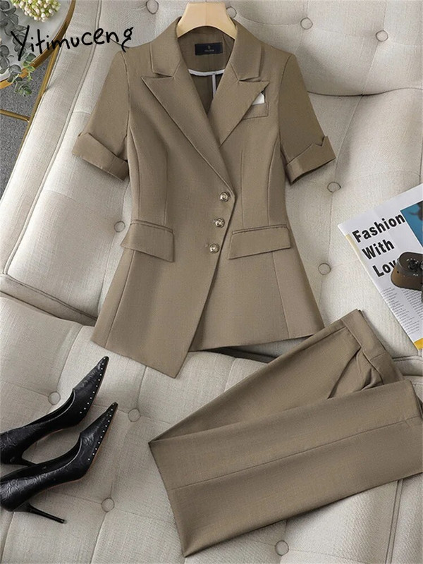 Yitimuceng Plava ženska odijela Uredski komplet 2023. Novi modni elegantni sakoi s jednim kopčanjem kratkih rukava Chic odijela s hlačama visokog struka