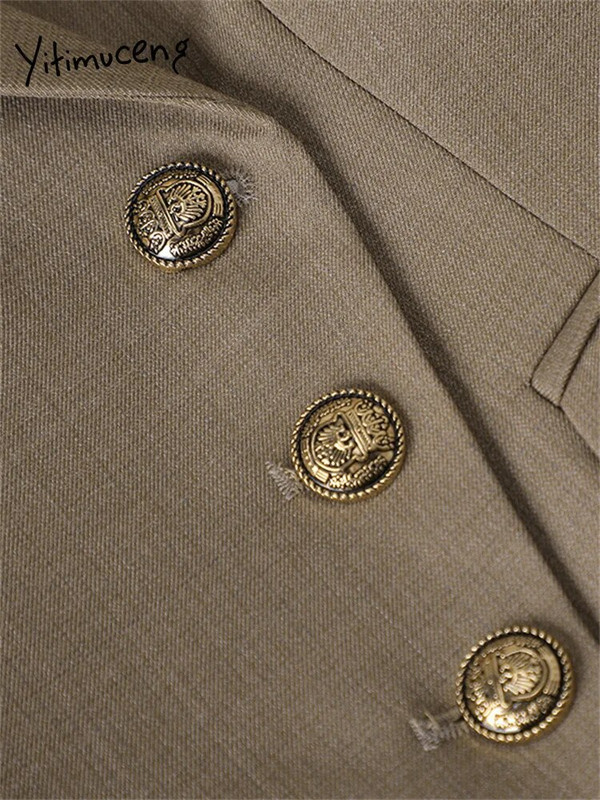 Yitimuceng Plava ženska odijela Uredski komplet 2023. Novi modni elegantni sakoi s jednim kopčanjem kratkih rukava Chic odijela s hlačama visokog struka