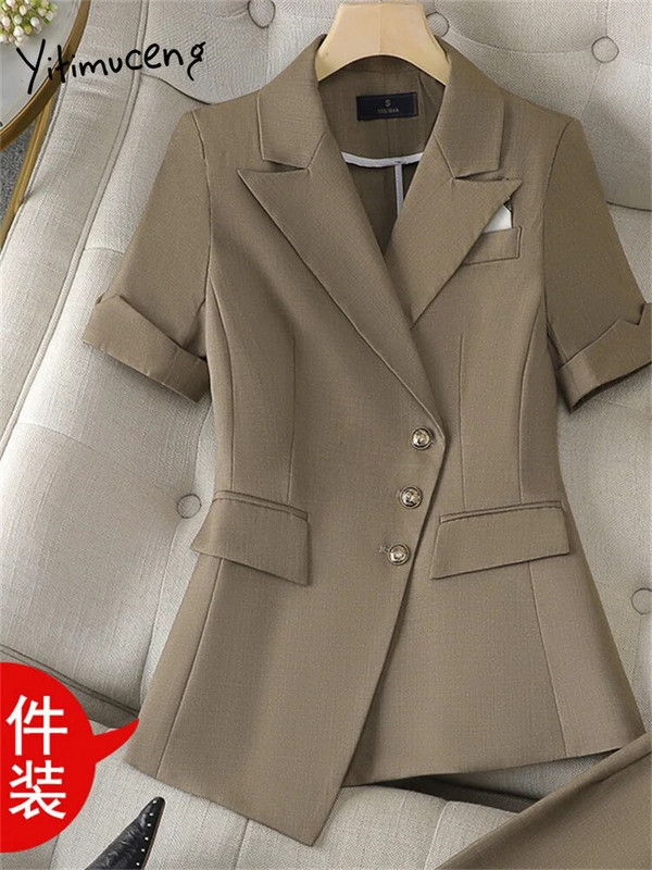 Yitimuceng Plava ženska odijela Uredski komplet 2023. Novi modni elegantni sakoi s jednim kopčanjem kratkih rukava Chic odijela s hlačama visokog struka