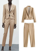 TRAF Moteriškas švarkas, 2023 m. rudens prašmatnus biuro kostiumas su moteriškomis kišenėmis ilgomis rankovėmis, trumpomis paltomis, užtrauktuku tiesios kelnės, 2 vnt.