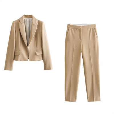 TRAF Moteriškas švarkas, 2023 m. rudens prašmatnus biuro kostiumas su moteriškomis kišenėmis ilgomis rankovėmis, trumpomis paltomis, užtrauktuku tiesios kelnės, 2 vnt.